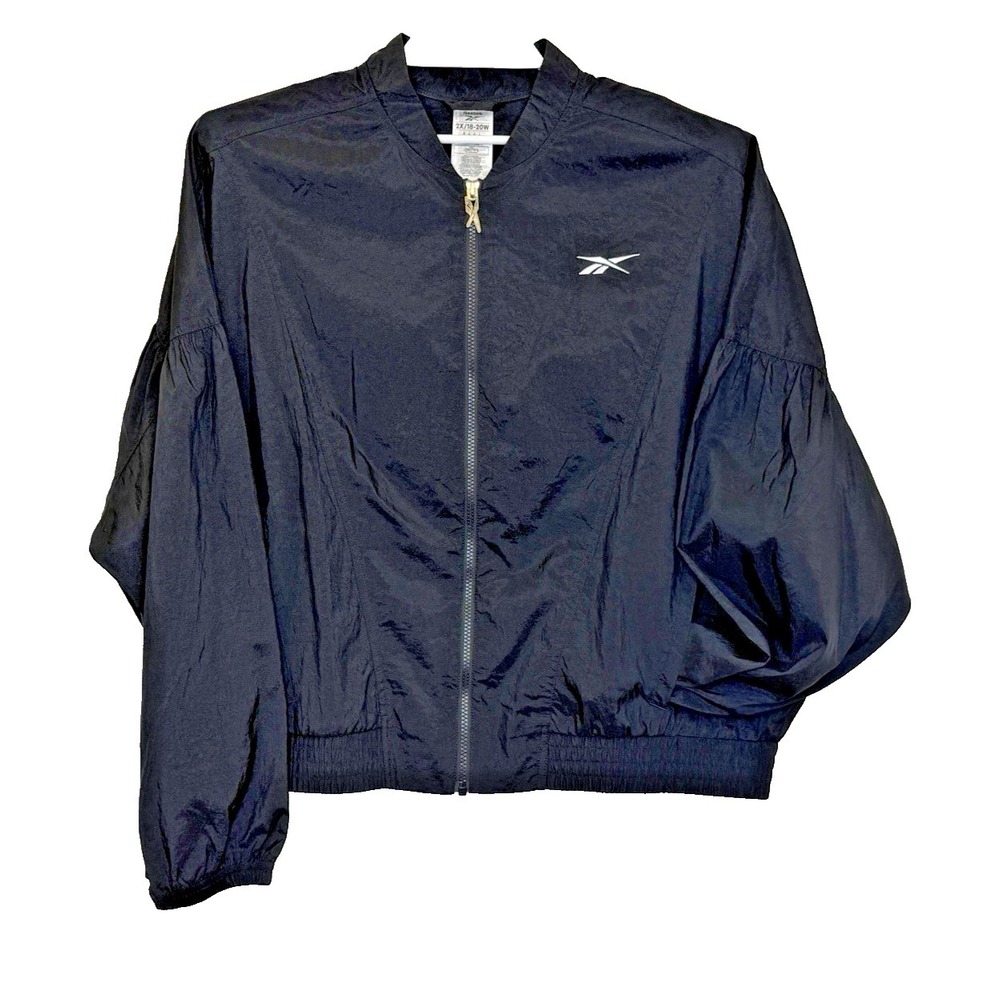 Reebok Windbreaker Jacket Womens Size 2X 18/20W Black Full Zip Long Puff Sleeve